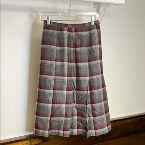 Vintage Plaid Wool Midi Skirt in Red and Gray- 4